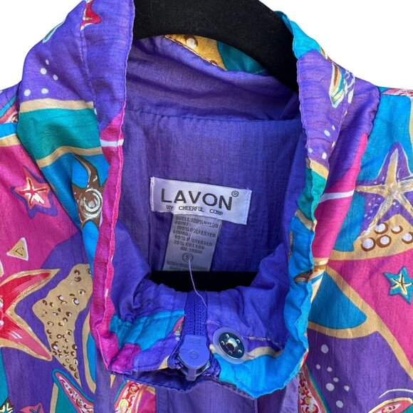 Lavon Vintage 80s Starfish Print High Collar Purple Swishy Windbreaker Jacket S - Picture 5 of 11